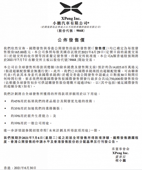 小鹏汽车港股发行价每股165港元   将于7月7日上市交易